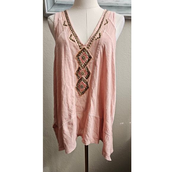 Free People Women Embroidered Boho Focus On Center Beaded Tank Top Medium Pink - Picture 2 of 5